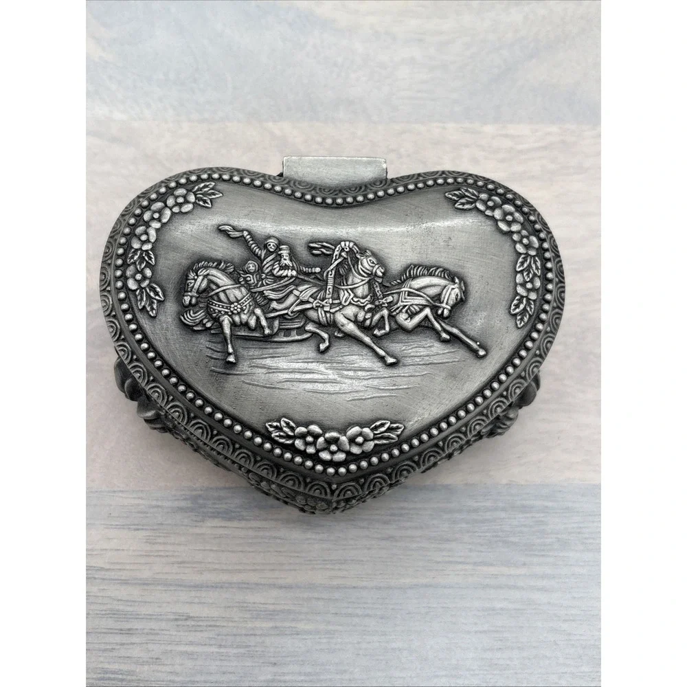 Pewter Heart Shaped Jewelry Box Horses Flowers Trinket from‎ Dubai